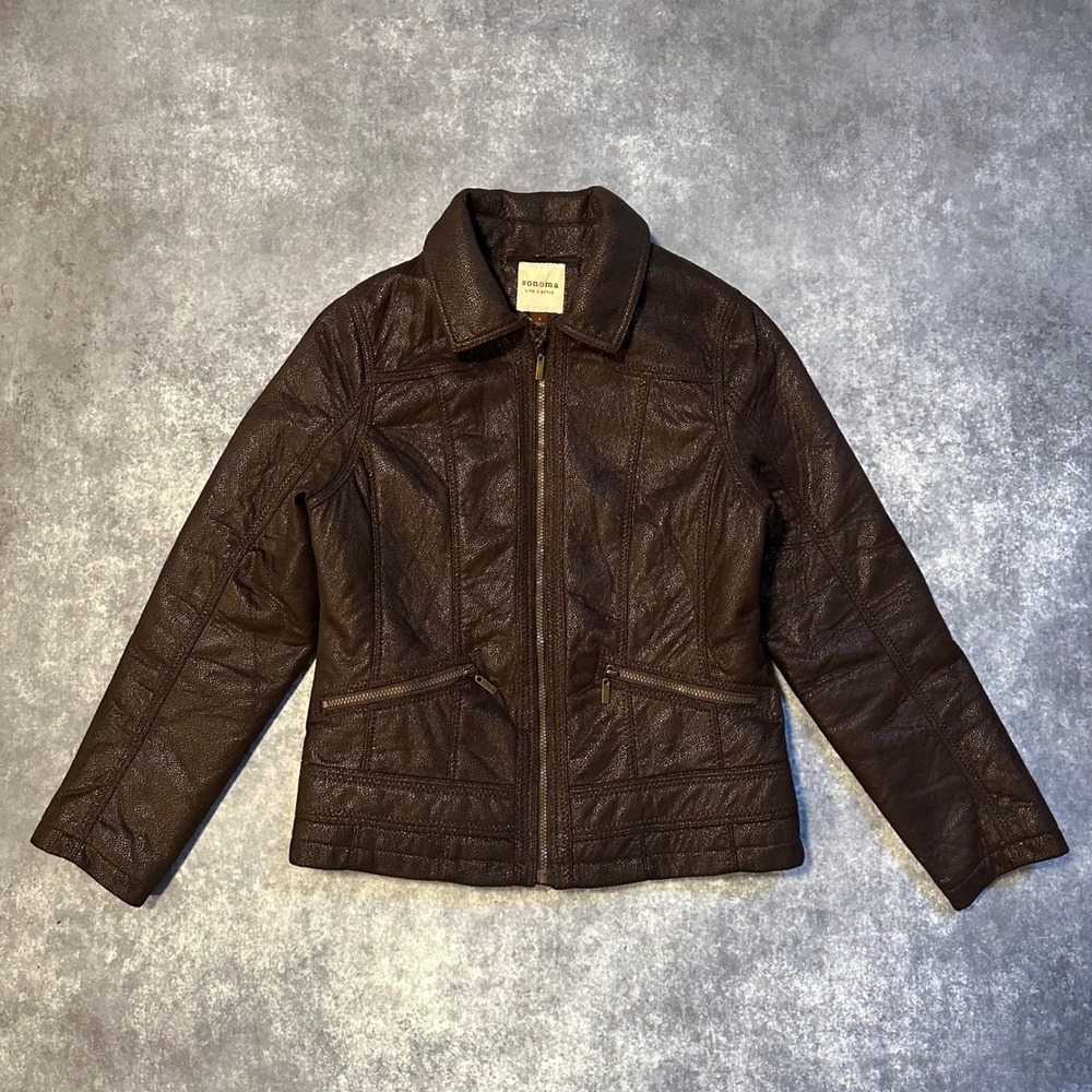 Vintage Brown Faux Shearling Leather Quilted Moto Jacket‎ Womens Small Sonoma